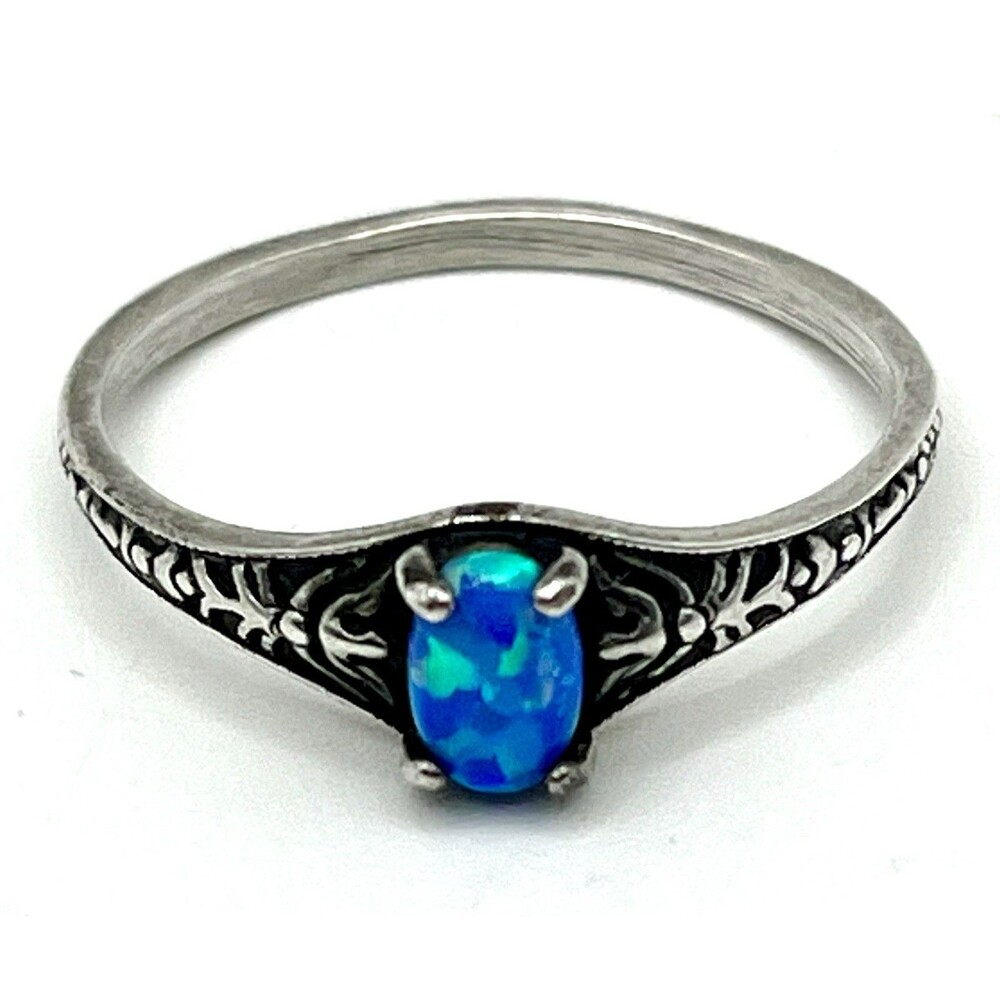 Sterling Silver Ring Oval Cut Simulated Opal Size 9